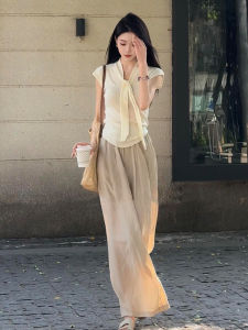 ชุดแฟชั่นฤดูร้อนปี 2025 เสื้อผ้าถักนิตติ้งกางเกงขากว้างลำลองสไตล์ย้อนยุค สไตล์วินเทจ สไตล์เกาหลี