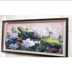 Hiasan dinding cetak gambar lukisan bunga teratai plus bingkai ukuran 50x100cm