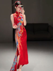 DANTING | New Chinese Style Red Printed Summer Cheongsam Dress Long