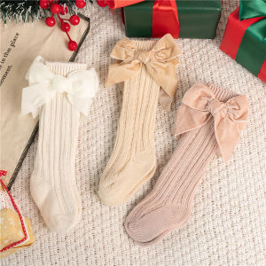Spring Autumn Baby Girls Big Bowknot Knee High Socks Kids Cotton Solid Leg Warmers Toddler Long Princess Sock For 0-5Years