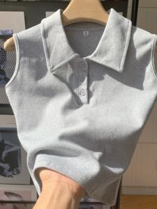 เสื้อกั๊กแขนกุดคอโปโลสีขาวสไตล์ฮ่องกงสำหรับผู้หญิงในฤดูร้อน เสื้อกั๊กแขนกุดแบบเกาะอก เสื้อชั้นในแบบไม่มีแขน เสื้อยืด