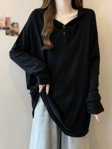 Loose Long Sleeve T-Shirt Womens Autumn plus Size Slimming Mid-Length Cover Butt Base Shirt Comfortable Lazy Style Casual Cotton Blend