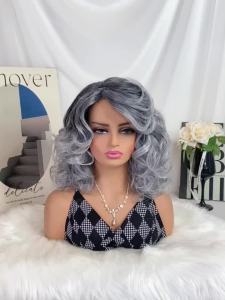 Short Natural Wigs with Bangs Soft Mommy Hair Daily Use Short Grey Ombre Curly Synthetic Hair Costume Party Wig for Women