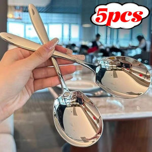 5Pcs Large Thickened Stainless Steel Spoon Long Handle Soup Spoons Round Scoops for Dinner Dessert Hot Pot Colander Kitchen Tableware
