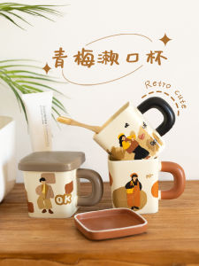New 2024 Ceramic Toothbrush And Mouthwash Cup for Couples High End Bathroom Supplies Home Use Washing Cup Cute Cartoon Style