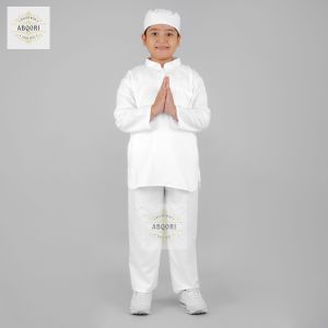 SETELAN KOKO BAJU KOKO PAKISTAN PUTIH 3-14 TAHUN/TK SD SMP/ KOKO MANASIK HAJI ANAK LAKI LAKI SEKOLAH/ stelan lengan panjang /baju koko anak laki laki/ setelan baju celana peci / Setalan anak Bordir Size S M L XL XXL Baju Koko Anak Terlaris