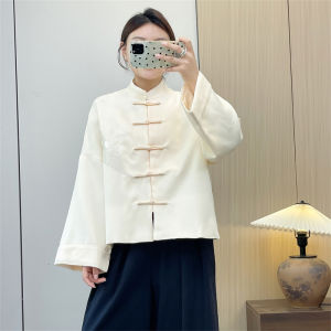 New Chinese Style Long Sleeve Stand Collar Jacket Womens Embroidery Coat Button up Top Loose Fit Polyester Autumn Outerwear