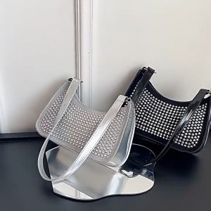 🌟ส่งจากไทย🌟(w151)กระเป๋าถือ สะพายไหล่ สะพายได้2ข้าง ประดับเพชรพลอยสีเงิน yukihouse