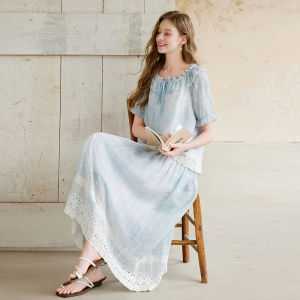 XIANGYING | Blue Embroidered Lace Dress Set