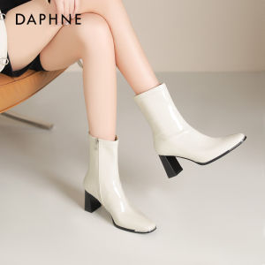 Daphne Womens High Heel Short Boots White Chunky Block Heel Square Toe Fashionable Casual Booties for Autumn Season