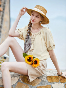 XIANGYING | Ethnic Style Embroidered Loose Flare Sleeve Linen Shirt Women