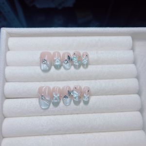 Handmade Wearable Nail Tips Mint Wave Short Oval Shape Whitening Luxury Finished Product Can Be Reused Nail Art Accessories