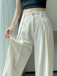 Quần Ống Rộng Cạp Cao Bằng Vải Lanh Cotton Ice Silk Straight Leg Summer High Waist Drapey Cotton Linen Suit for Women