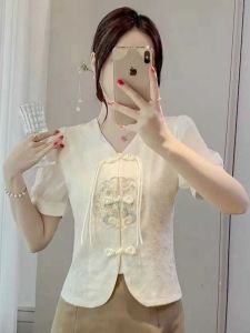 เสื้อเชิ้ตคอวีแขนสั้นปักลายสไตล์จีน ทรงเข้ารูป ผ้าฝ้ายผสม ป้องกันรังสียูวี สำหรับผู้หญิงวัย 35-39 ปี