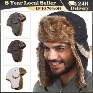 Mens Winter Trapper Aviator Trooper Earflap Warm Russian Waterproof Ski Hat Bomber Cap Russian Warm Ear Protectors Hats Russian Ushanka Trooper Hat Trapper Hunter Headwear Pilot Aviator Bomber Cap with Mask Ear Flaps Waterproof