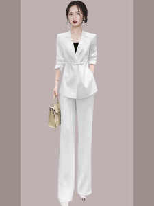 LIANGYILAILIN | Silk Satin Waistband Womens Suit Set Slim Lightweight Professional Formal Wide Leg Pants Two-Piece