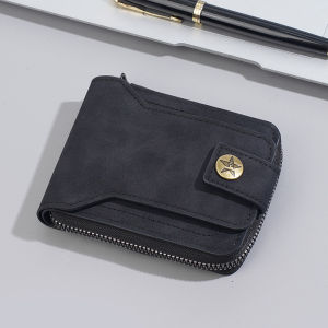 Mens Short Wallet Large Capacity Zipper Three Fold Leather Wallet Vintage Style Multi Function Money Clip Youth Fashion