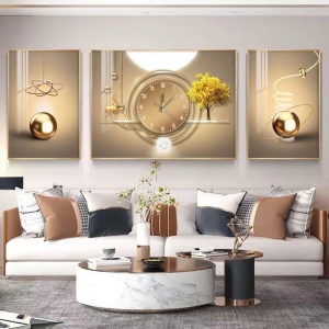 Modern light luxury living room decorative painting with a clock wall art for sofa background three-panel painting