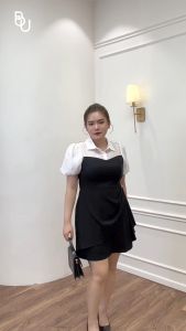 Đầm cổ đức phối trắng vạt xếp chéo lệch BIGSIZE (55kg đến 95kg) - 23SD38 - [BUstu Bigsize]