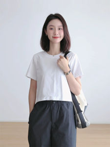 เสื้อยืดคอกลมแขนสั้นทรงหลวมสไตล์ลำลองสำหรับผู้หญิงในช่วงฤดูใบไม้ผลิและฤดูร้อน เสื้อคลุมกันหนาวสีพื้นแบบเข้ารูปเอวสูง