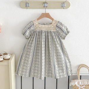 Vintage Girl Floral Lace Dress Princess Vestido Short Sleeve Summer Dress Casual Costumes Children Clothing Kids Clothes