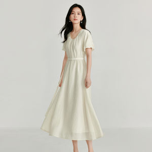 Summer New Womens U-neck Dress Belted Waist A-line Skirt Short Sleeve Floral Print Casual Style Lyocell Fiber Long Dress