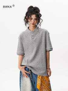 BWKA | Textured Stripe Boxy Henry Neck Short Sleeve Loose T-shirt