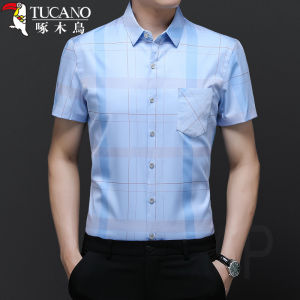 Woodpecker Short-Sleeved Shirt Men Summer Thin Middle-Aged Non-Ironing Ice Silk Shirt Gingham Dad Summer Wear Shirt