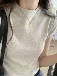 Womens Short Sleeve T-Shirt Pure Cotton round Neck Shoulder Appropriate Spring Early Season Solid Color Base Shirt Korean Style Commute