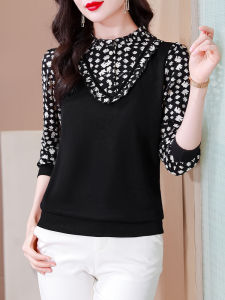 Fashionable Ladys Long Sleeve Stand Collar Patchwork Shirt Slimming Top Elegant Print Design Business Commute Style Polyester Blend