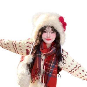 Cute Cartoon Hat Womens Thickened Fleece Winter Cap Ear Protection Face Slimming Anti-Cold Cat Ear Hat Sweet Lovely Style