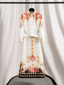 Elegant Spring Summer Floral Print Shirt Dress with Bead Embellishment Long Sleeve Womens Clothing Two-Piece Set Cotton Polyester Blend