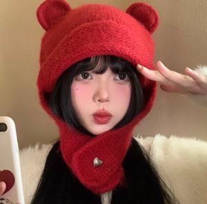 หมวกเครื่องป้องกันหูกันลมสำหรับผู้หญิงหมวกอบอุ่นตุ๊กตาผ้าถักมีหูการ์ตูนหมีน้อยน่ารักทันสมัยอเนกประสงค์สำหรับฤดูหนาว