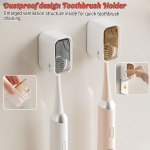 ที่ใส่แปรงสีฟันติดผนังพร้อมฝาปิด กันฝุ่น กันน้ำ ที่วางแปรงสีฟันแบบมีกาวในตัว