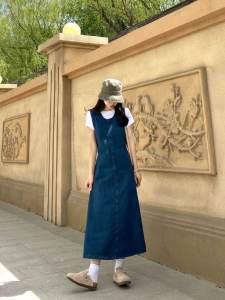 Retro Washed เดนิม เสื้อกั๊ก เดรส ผู้หญิง ฤดูร้อน แฟชั่นใหม่ Anti-Aging High-End Slim ทรงเอ ยาว กระโปรง สไตล์เกาหลี คอกลม เดรส