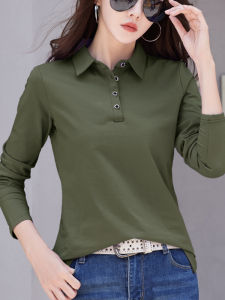 Pure Cotton Long Sleeve Polo Collar Loose Womens T-shirt Spring Fashion Outerwear Classic Solid Color Commute Style