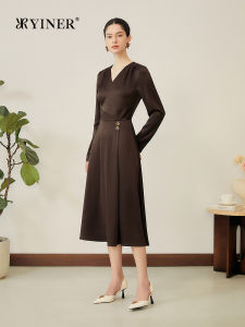 Fall French Retro Vinegar Acid Blended Dual-Faced Satin Flowy Swing A-Line Dress