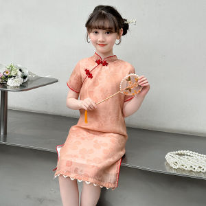 H.S.H Kids | Girls Summer Cheongsam Dress Childrens New Chinese Style Princess Skirt Breathable Lightweight Floral Print Short Sleeve Midi Dress