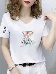 White Pure Cotton V-neck Short-Sleeved T-shirt for Women 2024 New Arrival Summer Loose Slim Looking Middle-Aged Ladieswear Inner Wear Western Style Top