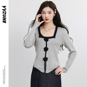 Áo Thun Dệt Kim Tay Dài Dáng Rộng Phong Cách Hàn Quốc Mùa Thu 2025 Áo Thun Nữ Thời Trang Màu Tương Phản Cạp Cao in Hoa