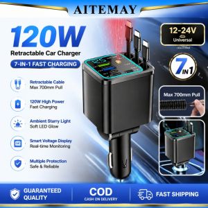 Aitemay 120W Retractable Car Charger 7-in-1 Fast Charging 12-24V 7 Ports USB-C PD30W Voltage Display Compatible iOS Android with Roof Starlight