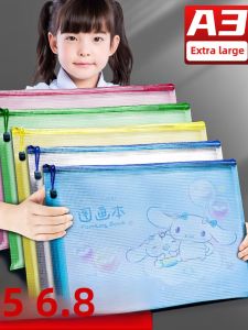 A3 File Bag Zipper Extra Large Capacity File Material Storage Bag Primary School Grade One Art Bag File Folder Bag Waterproof Mesh Plastic Transparent Examination Paper Bag Zipper