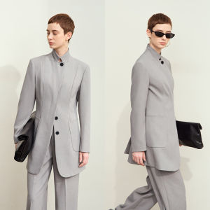 Amii Autumn New Arrival High-End Commuter Linen Blend Stand Collar Jacket Wide Leg Pants Set Women Two Piece Set Fashionable