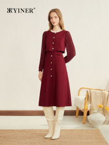 French Flared Sleeve Faux Two-Piece Wool Blend Dress