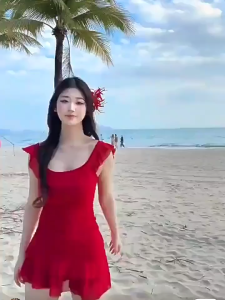 Korean Dress🎉เดรสแฟชั่นผู้หญิง👗เดรสสายเดี่ยว มินิเดรส ชุดเดรสคอเหลี่ยมแขนกุดสีแดง ดีไซน์ขอบใบบัว สไตล์เกาหลี