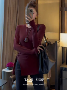 Asymmetric Long Sleeve T-Shirt Womens Slim Fit Mid-Length Open Split Top Korean Style Commute Pure Color Autumn New Arrival