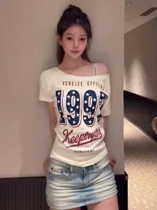 Áo Thun Cotton Tay Ngắn in Chữ Cổ Điển Mỹ Cho Nữ Mùa Hè Thiết Kế Ôm Vừa Vặn in Chữ Ngôi Sao in Hình Chữ Cái Vai Chéo