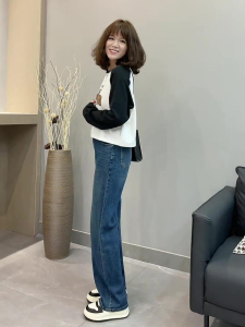 Fall Winter New Style Womens Fleece Lined Slim Straight Wide Leg Jeans High Waist Long Cotton Blend Wear Resistant Trousers