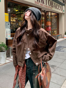 Café Brown American Retro Cool Motorcycle Style Denim Jacket Womens Fashionable Autumn New Arrival Versatile Street-Quality Jacket