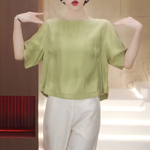 UYFY | French Luxurious Light Green Round Neck Short Sleeve Womens Top Summer New Style Simple Design Loose Fit Commute Fashion